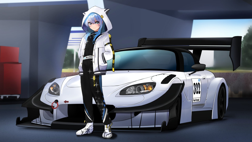 1girl, black_pants, black_shirt, blue_eyes, blue_hair, blush, car, hands_in_pockets