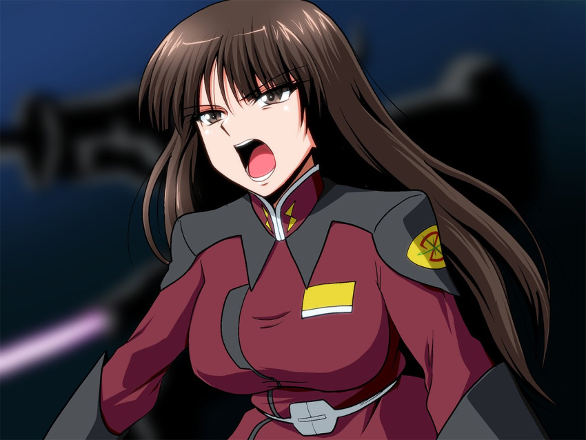 1girl, blue_background, blurry, blurry_background, breasts, brown_eyes, brown_hair, cgue_deep_arms, girls_und_panzer, gundam, gundam_seed, gundam_seed_destiny, kamishima_kanon, long_hair, mecha, military_uniform, nishizumi_shiho, open_mouth, robot, shiho_hahnenfuss, solo, teeth, uniform, upper_body