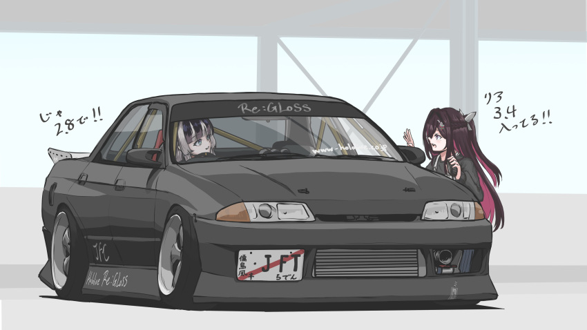 2girls, absurdres, azki_(hololive), black_hair, black_sweater, blue_eyes, bow, brown_hair