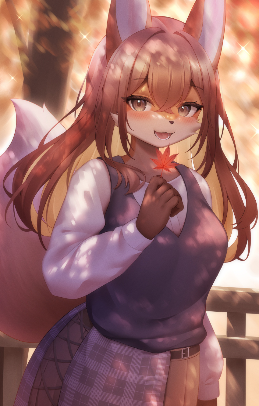 1girl, :3, absurdres, animal_ears, animal_nose, autumn, autumn_leaves, blonde_hair, blush, brown_eyes, brown_hair, colored_inner_hair, crossed_bangs, fox_ears, fox_girl, fox_tail, furry, furry_female, highres, holding, holding_leaf, leaf, long_hair, long_sleeves, maple_leaf, multicolored_hair, open_mouth, original, outdoors, sasayuki_(kemonoyou), skirt, solo, tail, tree