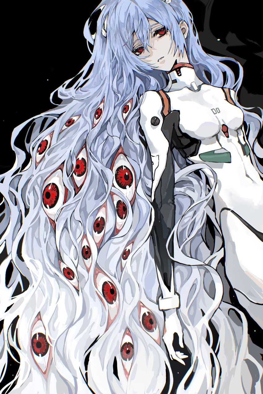 1girl, absurdres, ayanami_rei, black_background, blue_hair, bodysuit, chinese_commentary, collared_bodysuit