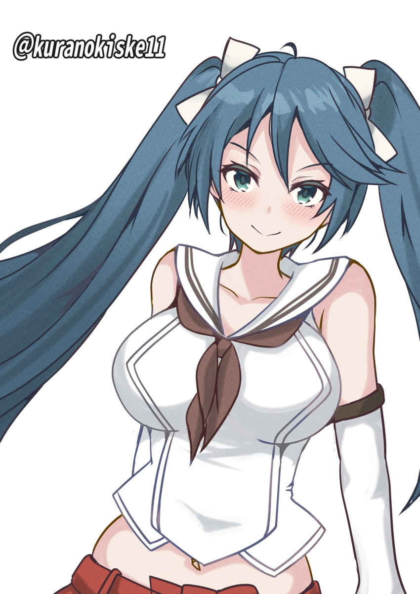 1girl, blue_eyes, blue_hair, brown_neckerchief, detached_sleeves, highres, isuzu_(kancolle), isuzu_kai_ni_(kancolle), kantai_collection, kurano_kisuke, long_hair, navel, neckerchief, one-hour_drawing_challenge, sailor_collar, sailor_shirt, shirt, simple_background, sleeveless, sleeveless_shirt, smile, solo, twintails, twitter_username, upper_body, white_background, white_sailor_collar