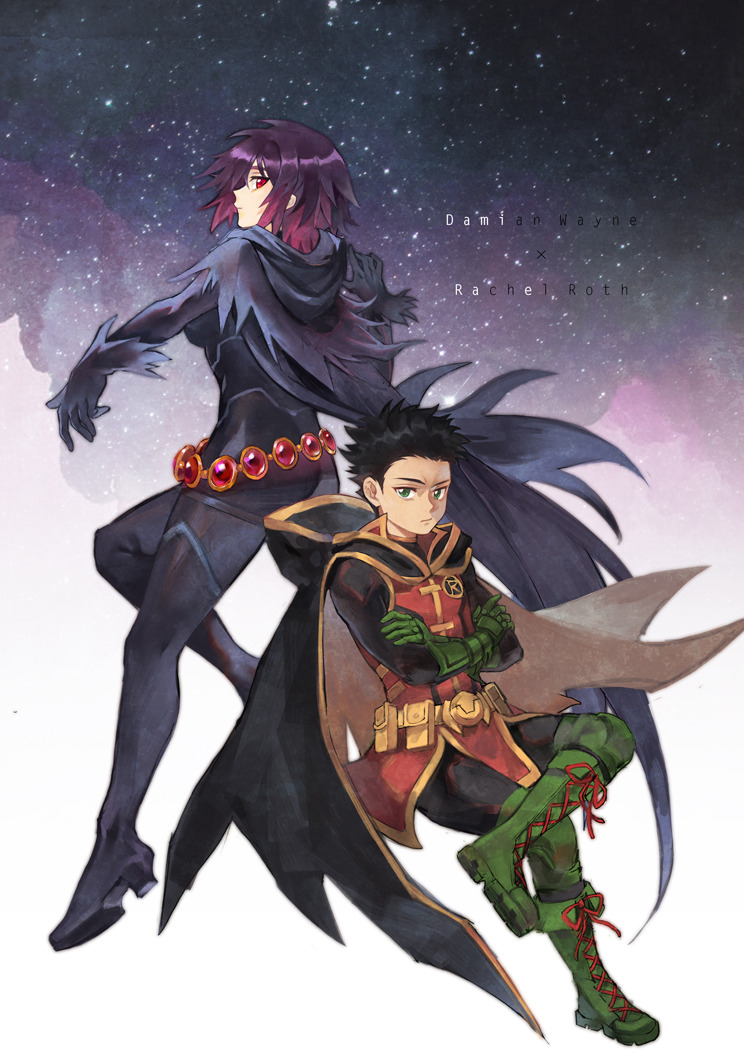 1boy, 1girl, belt, black_hair, bodysuit, boots, cape, character_name