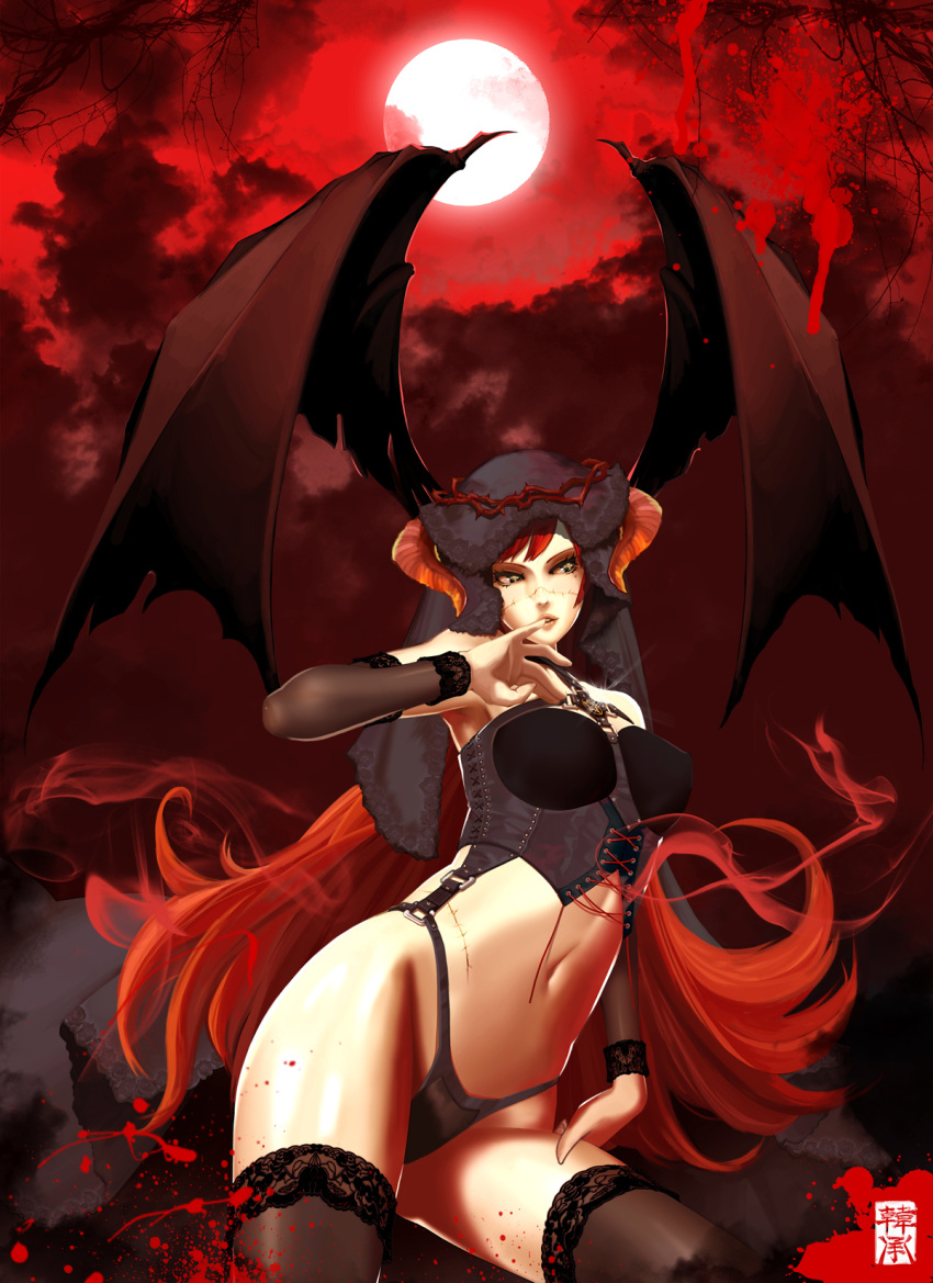 corset, crown_of_thorns, cuts, demon_girl, detached_sleeves, finger_to_mouth, head_wings, highres, horns, injury, lace, lingerie, long_hair, midriff, mole, moon, navel, original, panties, red_hair, red_sky, redhead, scar, solo, stitched, succubus, thigh-highs, thighhighs, ukero, underwear, wings
