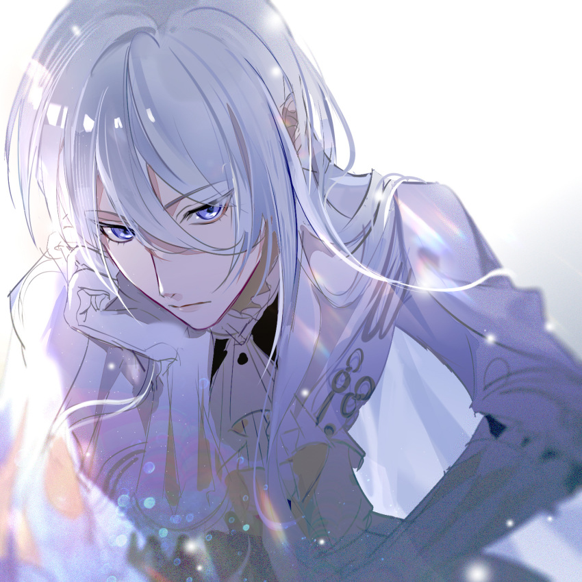 1boy, ascot, cael_anselm, closed_mouth, cowboy_shot, expressionless, gloves, hair_between_eyes