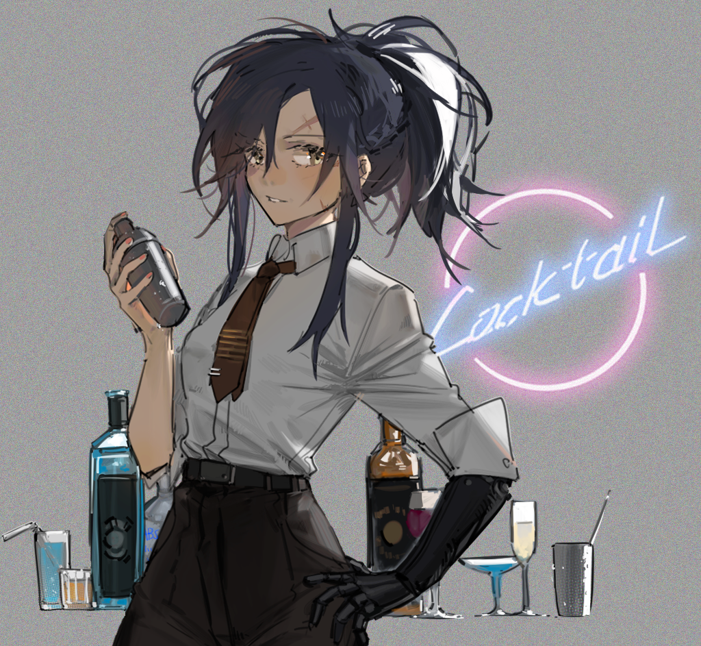 1girl, alcohol, angelia_(girls'_frontline), belt, black_belt, black_pants, blue_hair, blueblossom