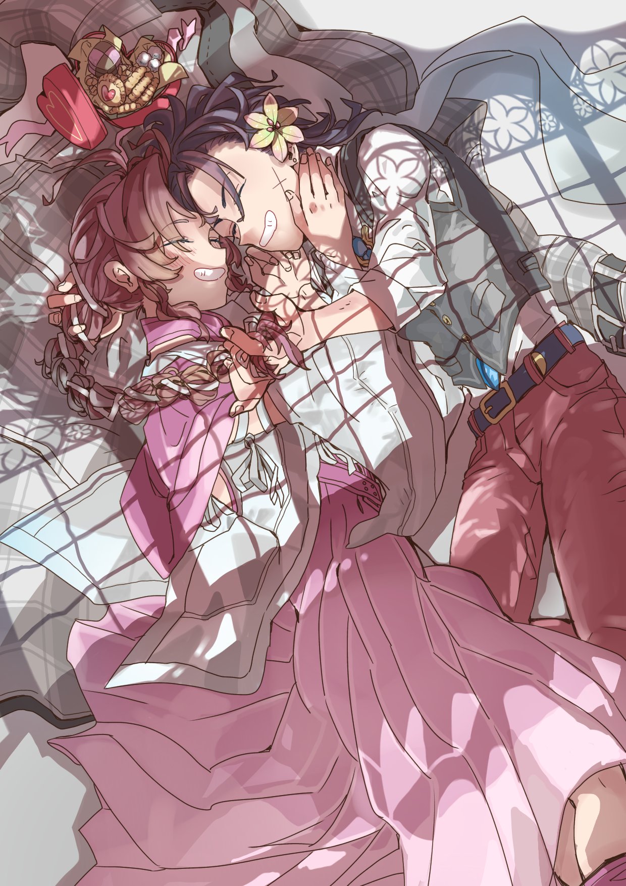 1boy, 1girl, aerith_gainsborough, aerith_gainsborough_(floral_gown), black_hair, box, braid, braided_ponytail, brown_hair, closed_eyes, cookie, couple, final_fantasy, final_fantasy_vii, final_fantasy_vii_ever_crisis, flower, food, forehead-to-forehead, hair_flower, hair_ornament, hair_ribbon, hand_on_another's_face, heads_together, heart-shaped_box, highres, holding_hands, long_skirt, lying, official_alternate_costume, on_side, oshibainoticket, pink_skirt, ribbon, scar, scar_on_face, skirt, smile, zack_fair, zack_fair_(holiday_suit)
