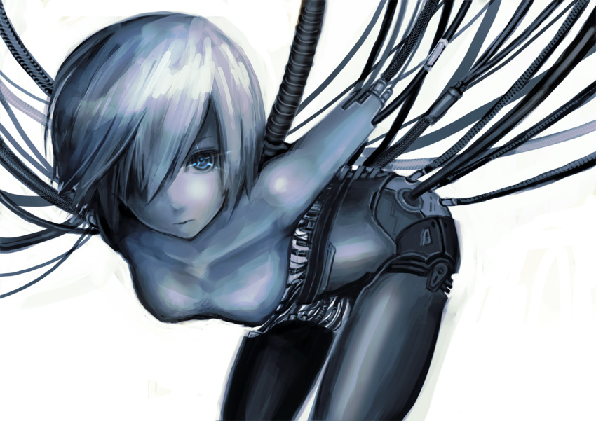 cable, hair_over_one_eye, mecha_musume, original, robot_joints, short_hair, simple_background, solo, wacchi30, white_hair, wire