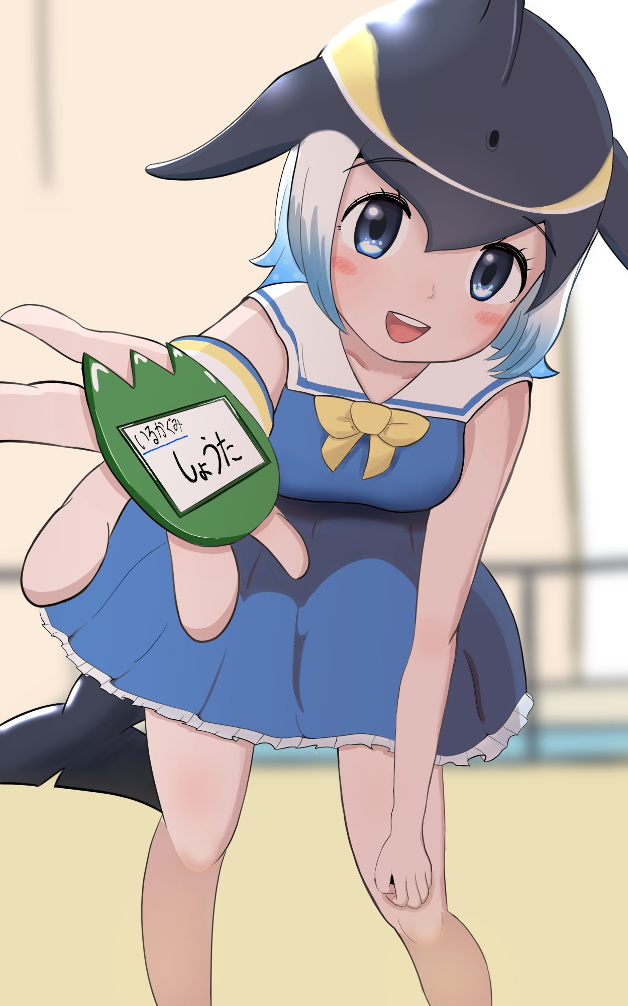 1girl, bare_shoulders, black_hair, blonde_hair, blowhole, blue_eyes, blue_hair, blush