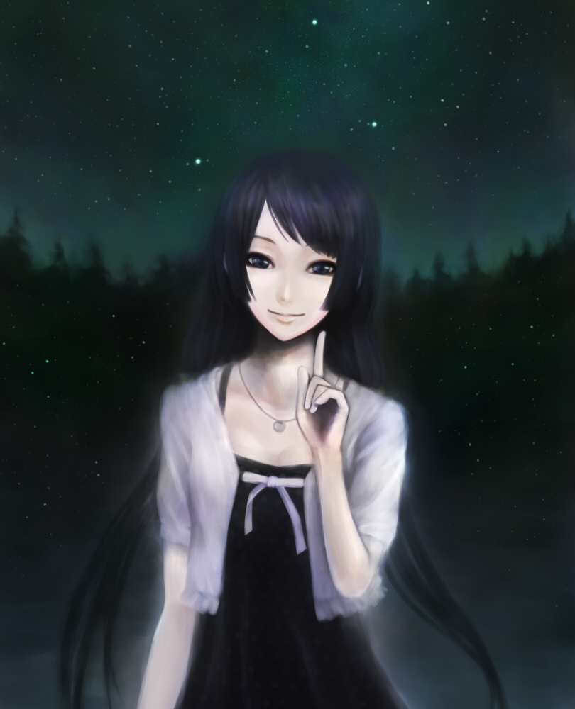 black_eyes, black_hair, dress, head_tilt, hime_cut, jewelry, long_hair, monogatari_(series)