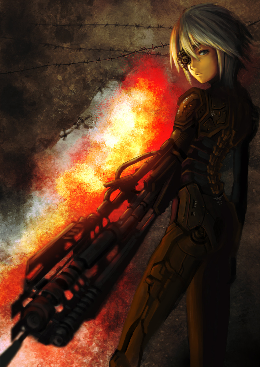 bad_id, barbed_wire, blonde_hair, eyepatch, grey_eyes, grey_hair, gun, highres