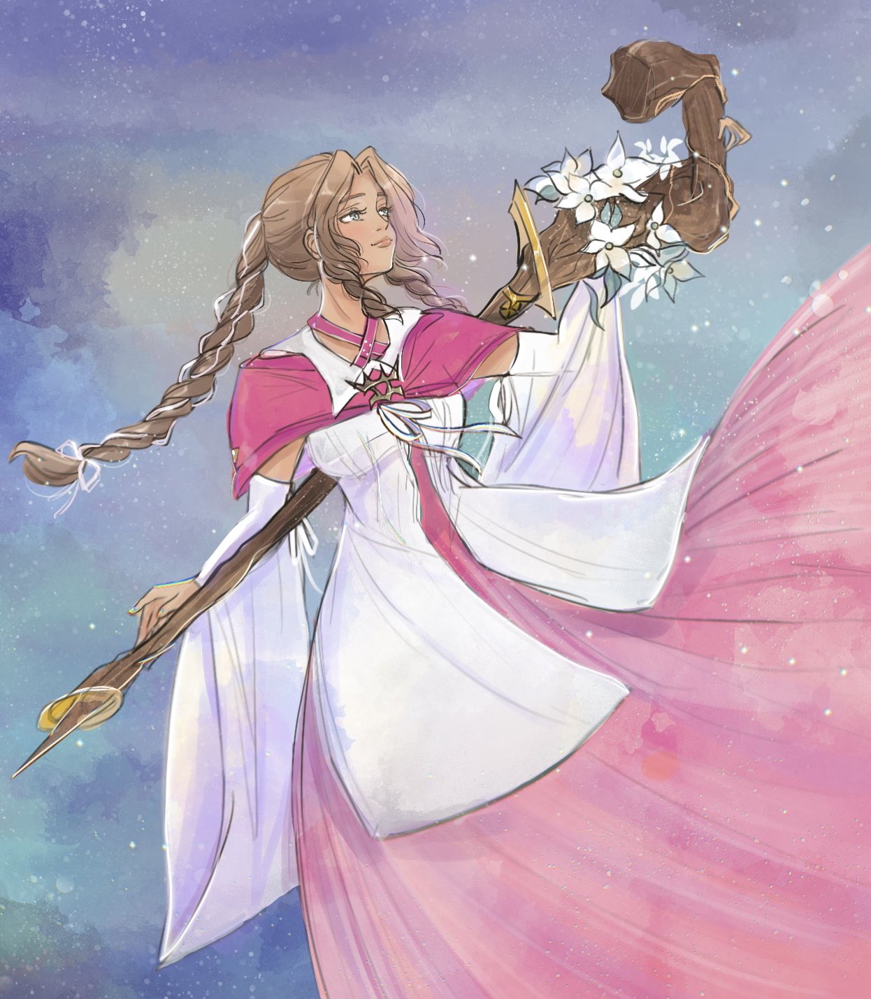 1girl, aerith_gainsborough, aerith_gainsborough_(floral_gown), braid, braided_ponytail, brown_hair, detached_sleeves, dress, final_fantasy, final_fantasy_vii, final_fantasy_vii_ever_crisis, flower, green_eyes, hair_ribbon, highres, holding, holding_staff, long_dress, looking_to_the_side, mage_staff, official_alternate_costume, papermint_tea, ribbon, solo, staff, wide_sleeves