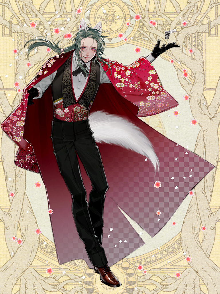 1boy, animal_ear_piercing, animal_ears, black_gloves, black_pants, black_vest, brown_footwear, cherry_blossom_print