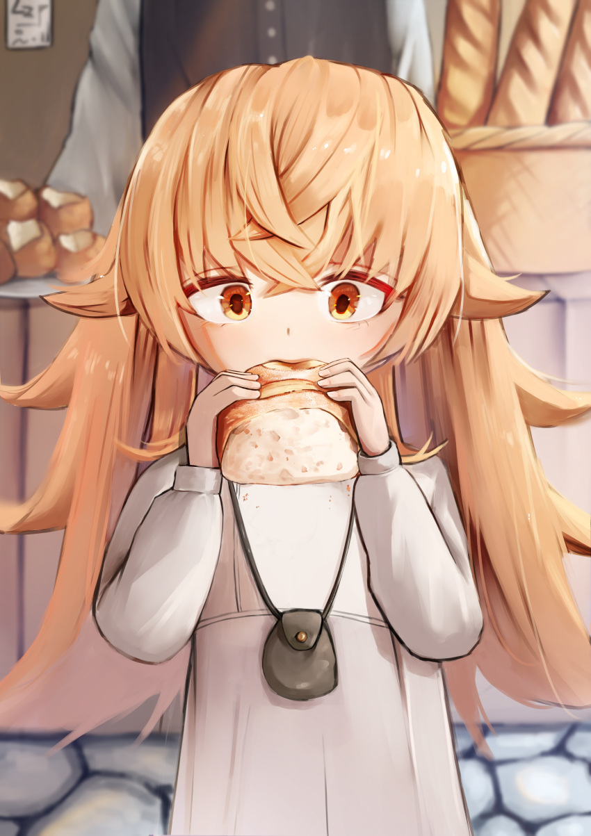 1boy, 1girl, absurdres, basket, blonde_hair, bread, crossed_bangs, dress