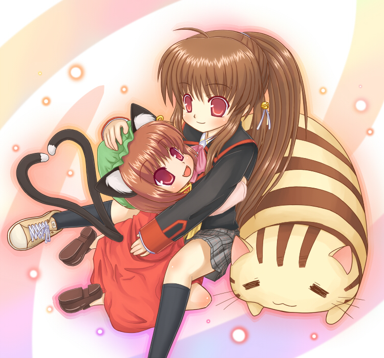 animal_ears, brown_hair, cat, cat_ears, cat_tail, chen, crossover, heart