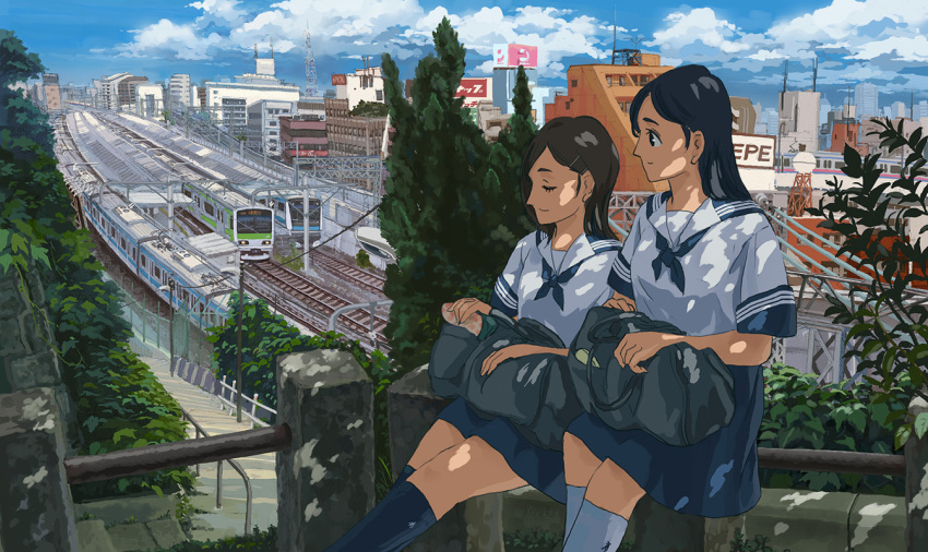 bad_id, bag, black_hair, brown_hair, cityscape, hair_ornament, hairpin, kneehighs, makoto_sakana, multiple_girls, original, railroad_tracks, real_world_location, school_bag, school_uniform, sitting, socks, train, train_station