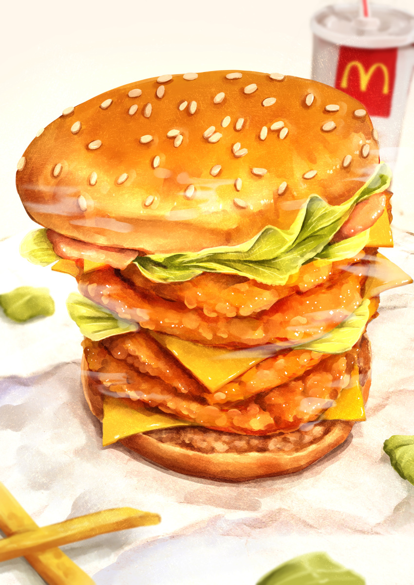 absurdres, bread, burger, cheese, chicken_(food), cup, disposable_cup, drinking_straw