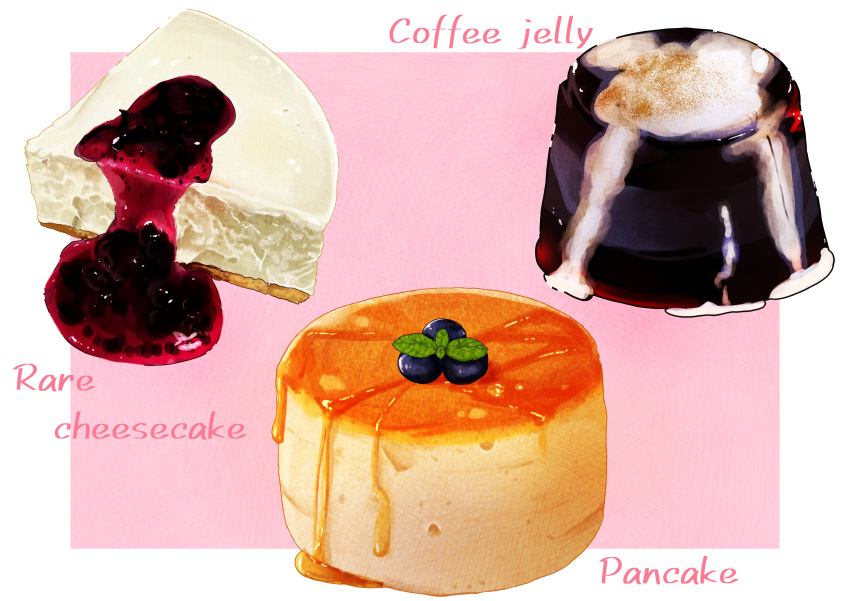 absurdres, blueberry, border, cake, cheesecake, coffee_jello, commentary, english_text