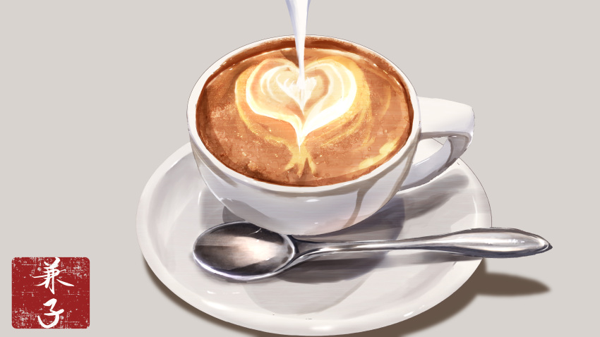 absurdres, cappuccino, coffee, cup, food, food_focus, grey_background, highres