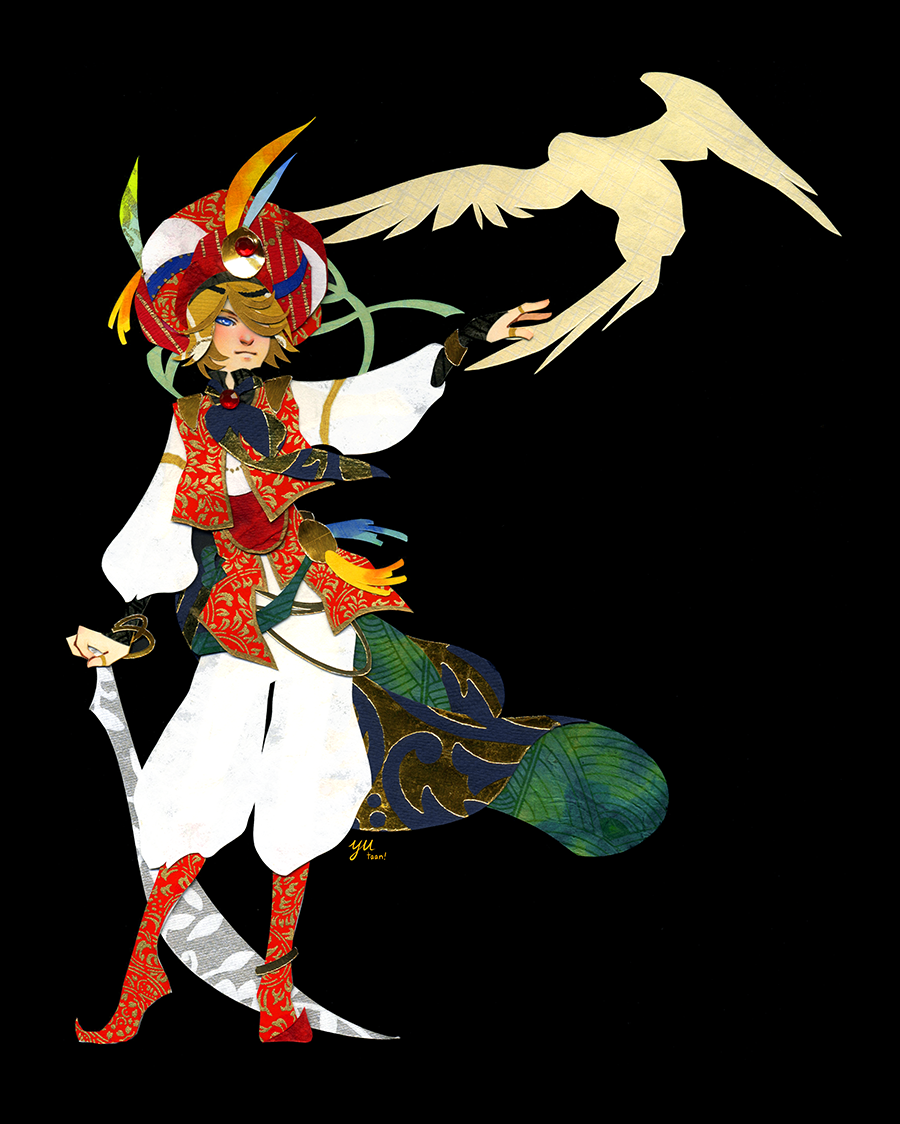 1boy, arabian_clothes, ascot, bird, black_background, black_gloves, blonde_hair, blue_ascot