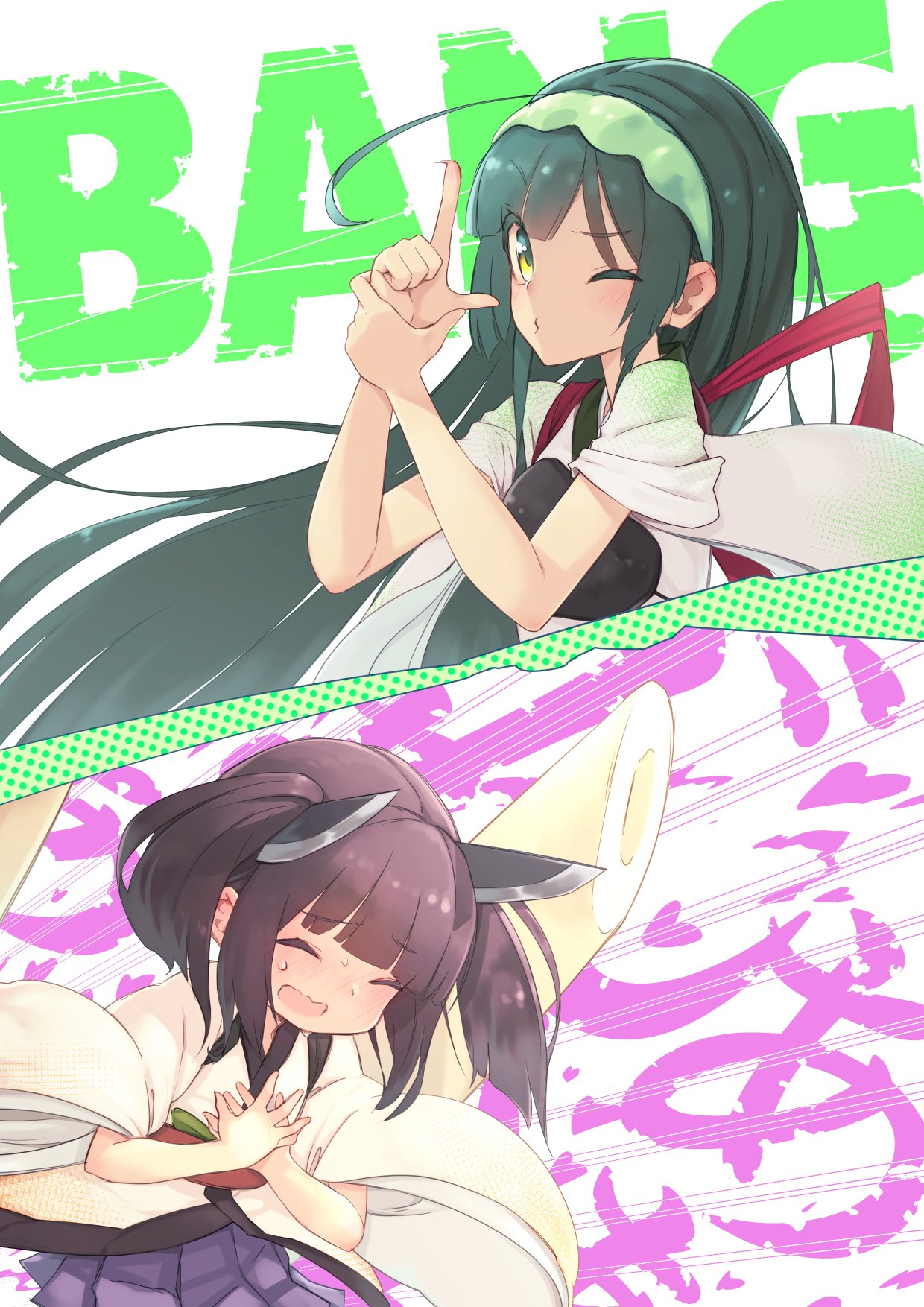 2girls, ahoge, blunt_bangs, blush, brown_hair, closed_eyes, clutching_chest, commentary_request, emphasis_lines, english_text, finger_gun, gradient_kimono, green_hair, green_hairband, green_kimono, hairband, halftone, headgear, highres, japanese_clothes, kimono, kiritanpo_(food), long_hair, medium_hair, multiple_girls, muneate, nose_blush, one_eye_closed, open_mouth, oversized_food, oversized_object, own_hands_together, pleated_skirt, purple_skirt, pursed_lips, shooting_through_heart, short_kimono, short_twintails, siblings, sisters, skirt, sweat, tasuki, text_background, touhoku_kiritan, touhoku_zunko, twintails, voiceroid, wavy_mouth, white_kimono, wide_sleeves, yamadori_seika