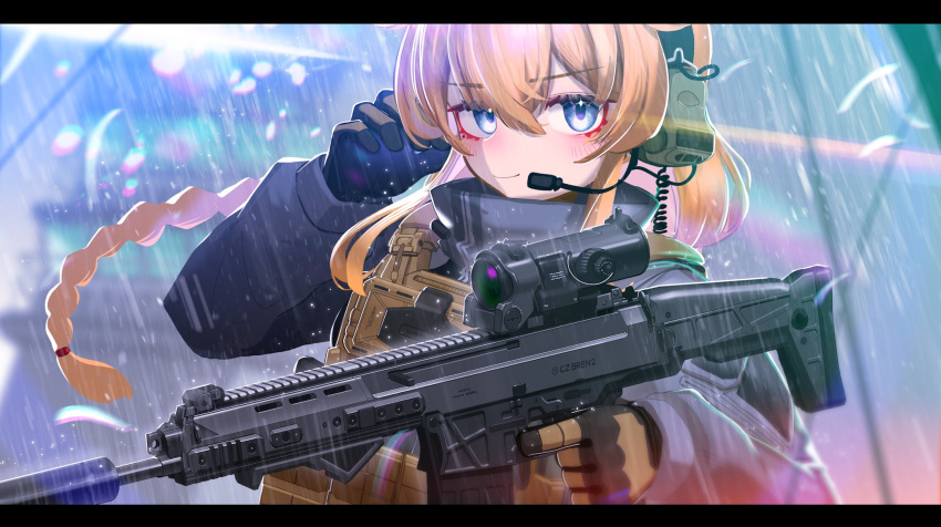 1girl, ammunition_pouch, blonde_hair, blue_eyes, braid, commentary_request, cz_805_bren, english_commentary