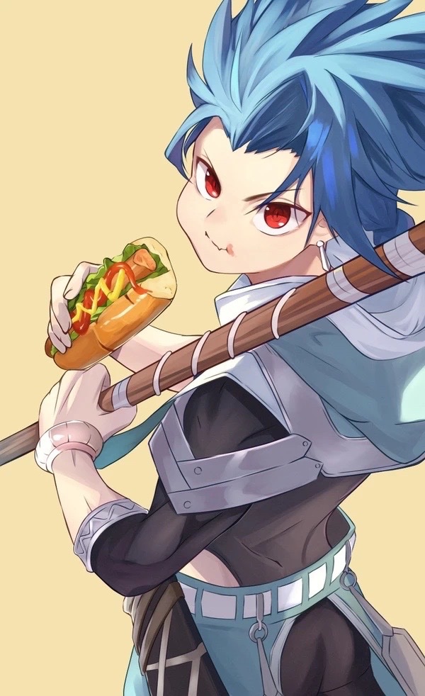 1boy, blue_hair, bracelet, cu_chulainn_(fate), earrings, eating, fate/grand_order, fate_(series)