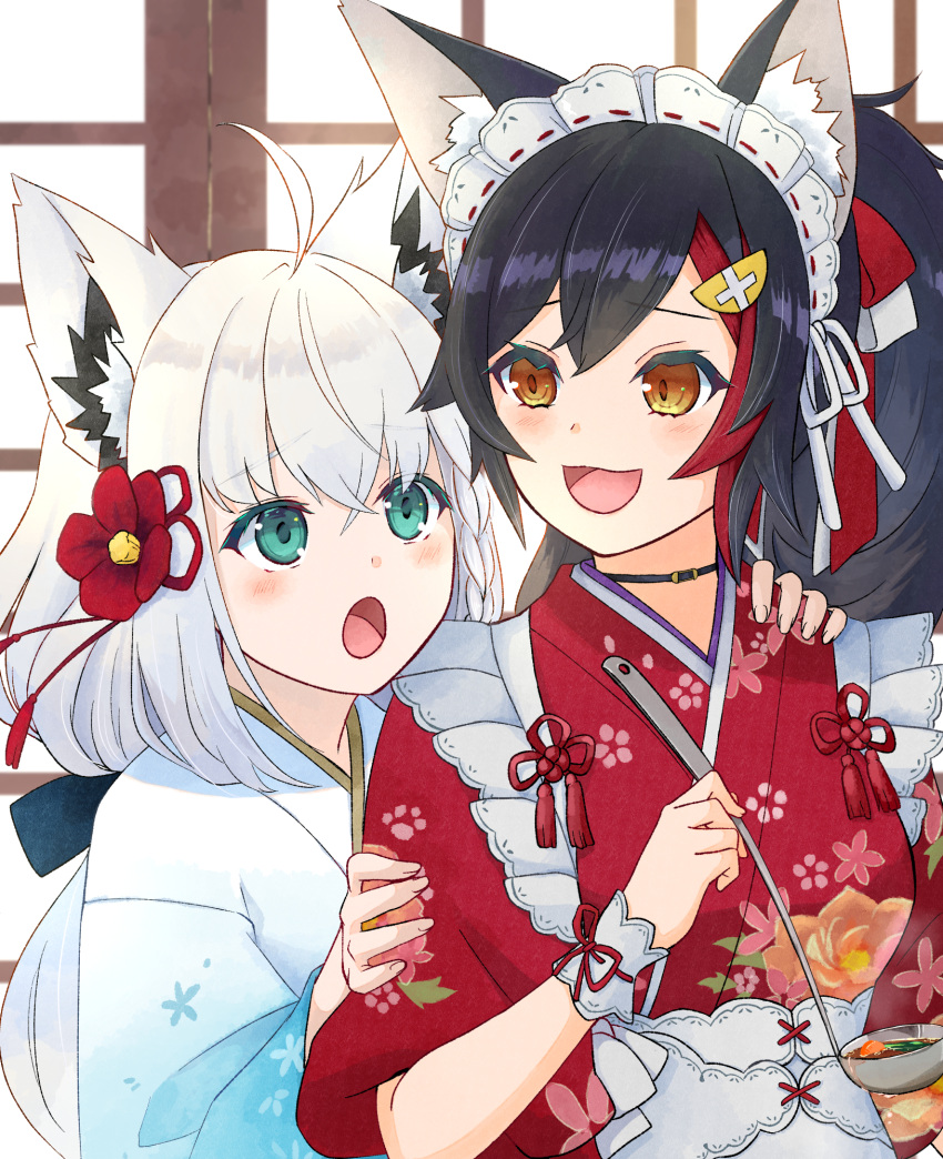 2girls, ahoge, animal_ear_fluff, animal_ears, apron, black_hair, blush, bow