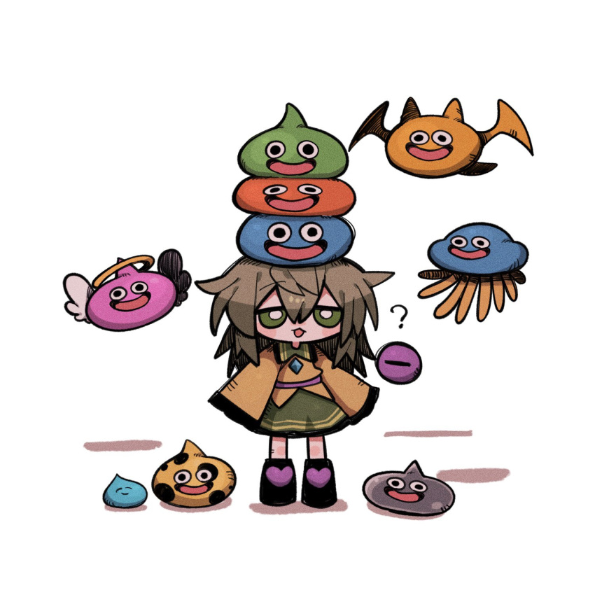 1girl, :3, ?, angel_slime, angel_wings, animal, animal_on_head, bat_wings