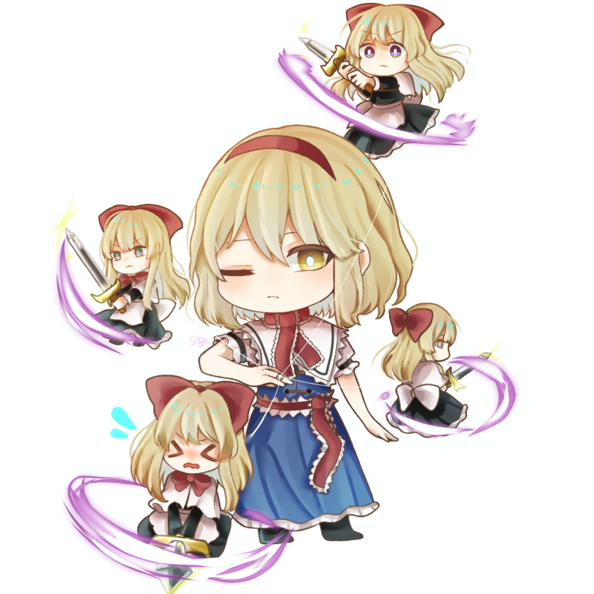 >_<, 1girl, absurdres, alice_margatroid, apron, back_bow, black_footwear, black_sleeves, blonde_hair, blue_dress, boots, bow, bowtie, capelet, chibi, closed_mouth, commentary_request, dress, flying_sweatdrops, frilled_capelet, frilled_dress, frilled_sash, frilled_scarf, frilled_sleeves, frills, frown, hair_bow, hairband, hidaka_(hkdk4587), highres, holding, holding_sword, holding_weapon, light_frown, long_dress, long_hair, long_sleeves, looking_at_viewer, one_eye_closed, open_mouth, puffy_short_sleeves, puffy_sleeves, red_bow, red_bowtie, red_hairband, red_sash, red_scarf, sash, scarf, shanghai_doll, short_hair, short_sleeves, simple_background, slashing, solo, sword, touhou, waist_apron, waist_sash, wavy_mouth, weapon, white_apron, white_background, white_bow, white_capelet, white_sleeves, yellow_eyes