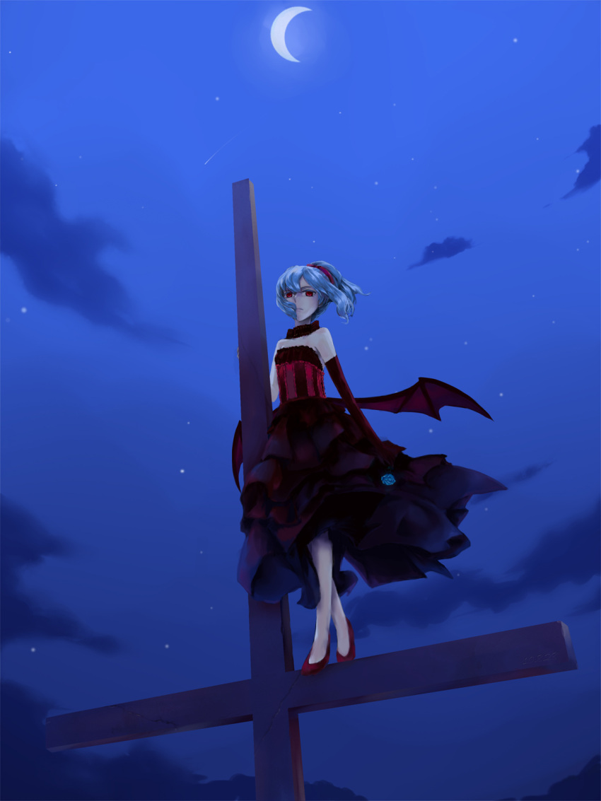 alternate_hairstyle, bat_wings, blue_hair, cloud, crescent_moon, cross, dress, goocn