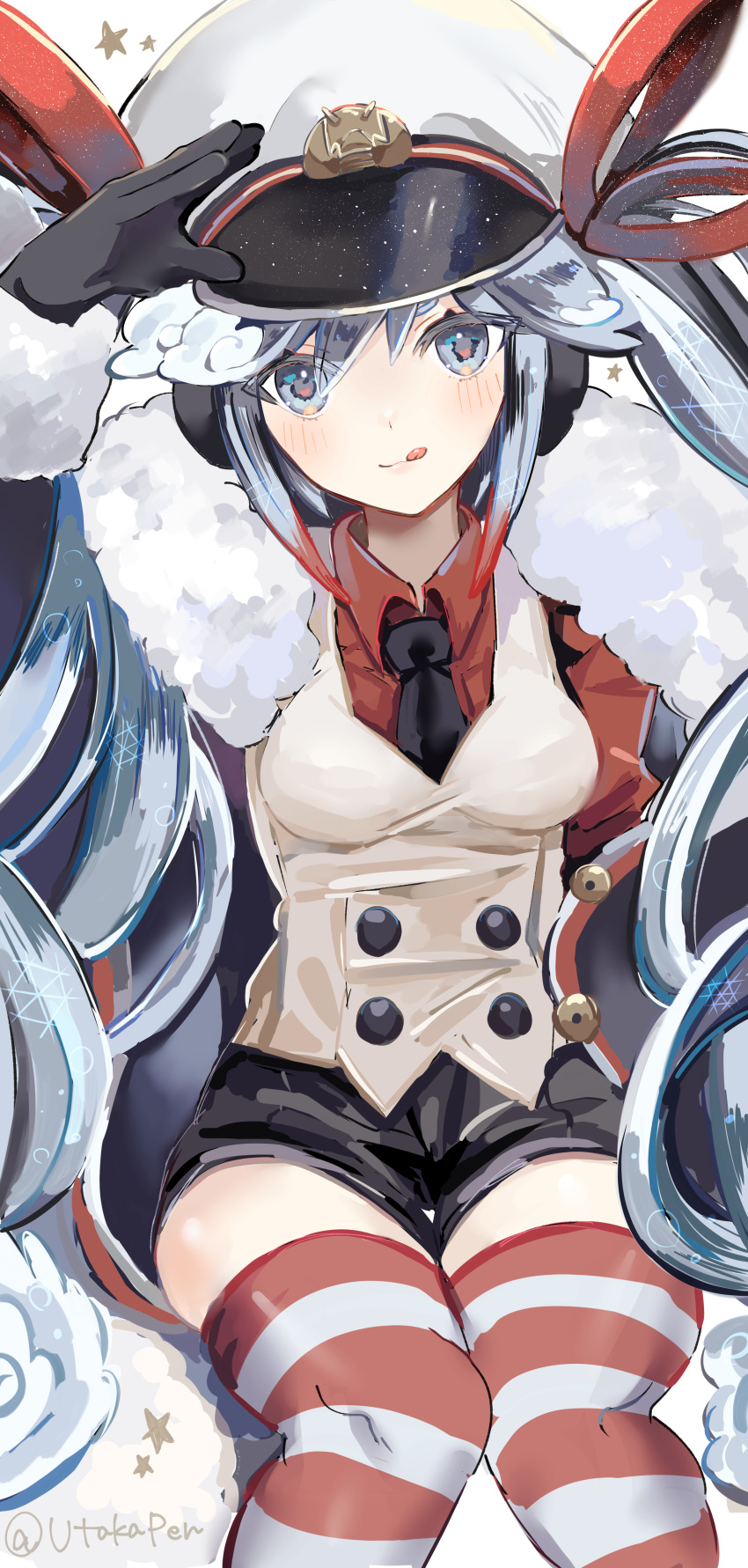 1girl, :q, absurdres, black_coat, black_gloves, black_necktie, black_shorts, blue_eyes