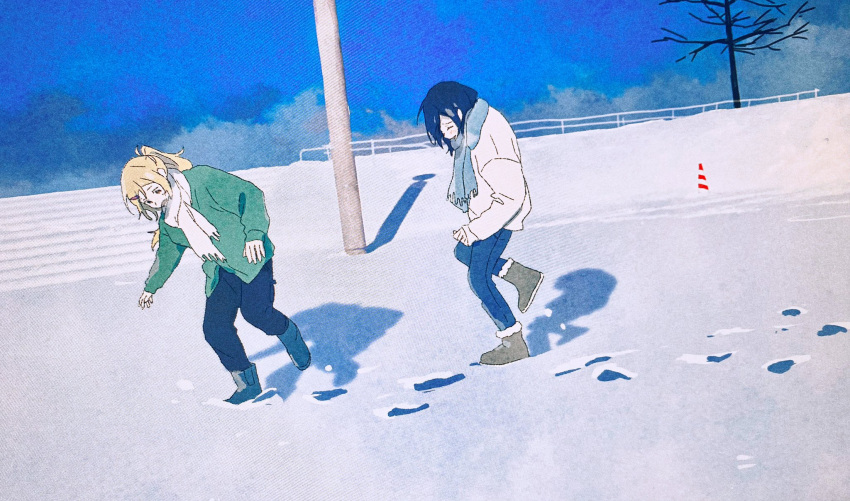 2girls, arima_haruka, bare_tree, blonde_hair, blue_footwear, blue_hair, blue_pants, blue_scarf