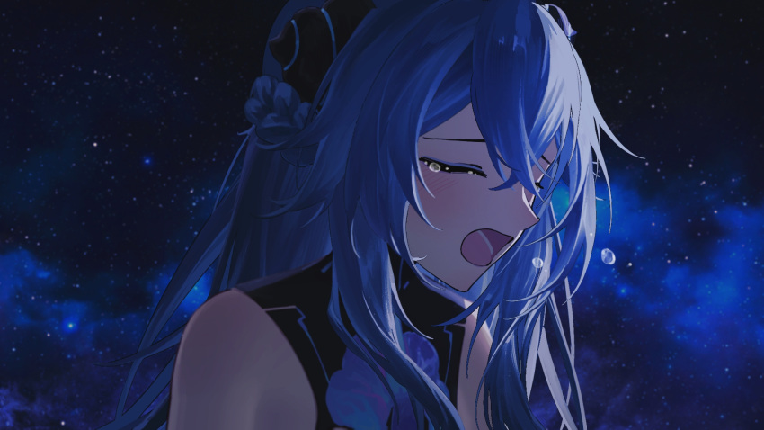 1girl, aqua_hair, bare_shoulders, blue_hair, braid, closed_eyes, crossed_bangs, crying