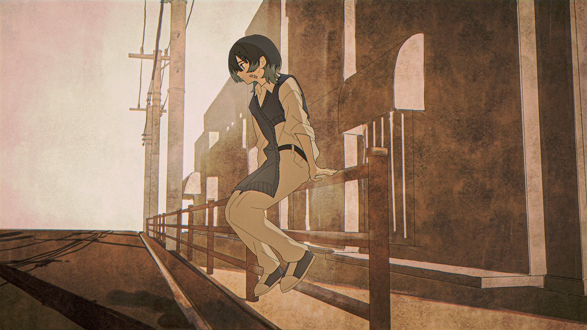 1girl, arm_support, asymmetrical_clothes, bandaid, bandaid_on_cheek, bandaid_on_face, belt, black_belt