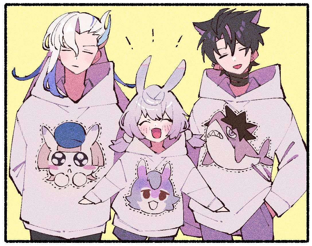 1girl, 2boys, :d, ^_^, animal_ears, arm_behind_back, arms_behind_back, asymmetrical_bangs