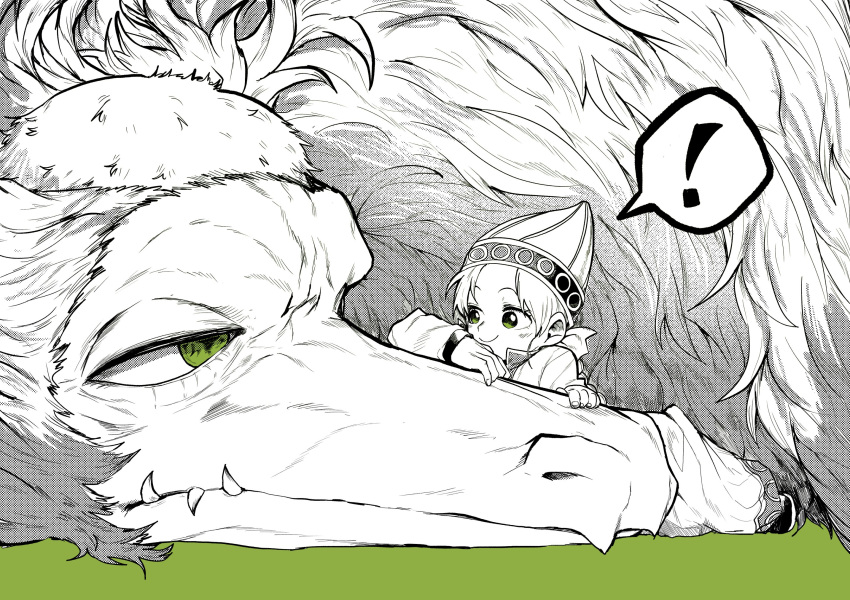 !, 1girl, animal, apis_(one_piece), commentary_request, dragon, fangs, green_background