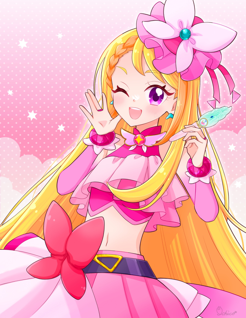 1girl, ;d, artist_name, belt, black_belt, blonde_hair, bow_skirt, braid