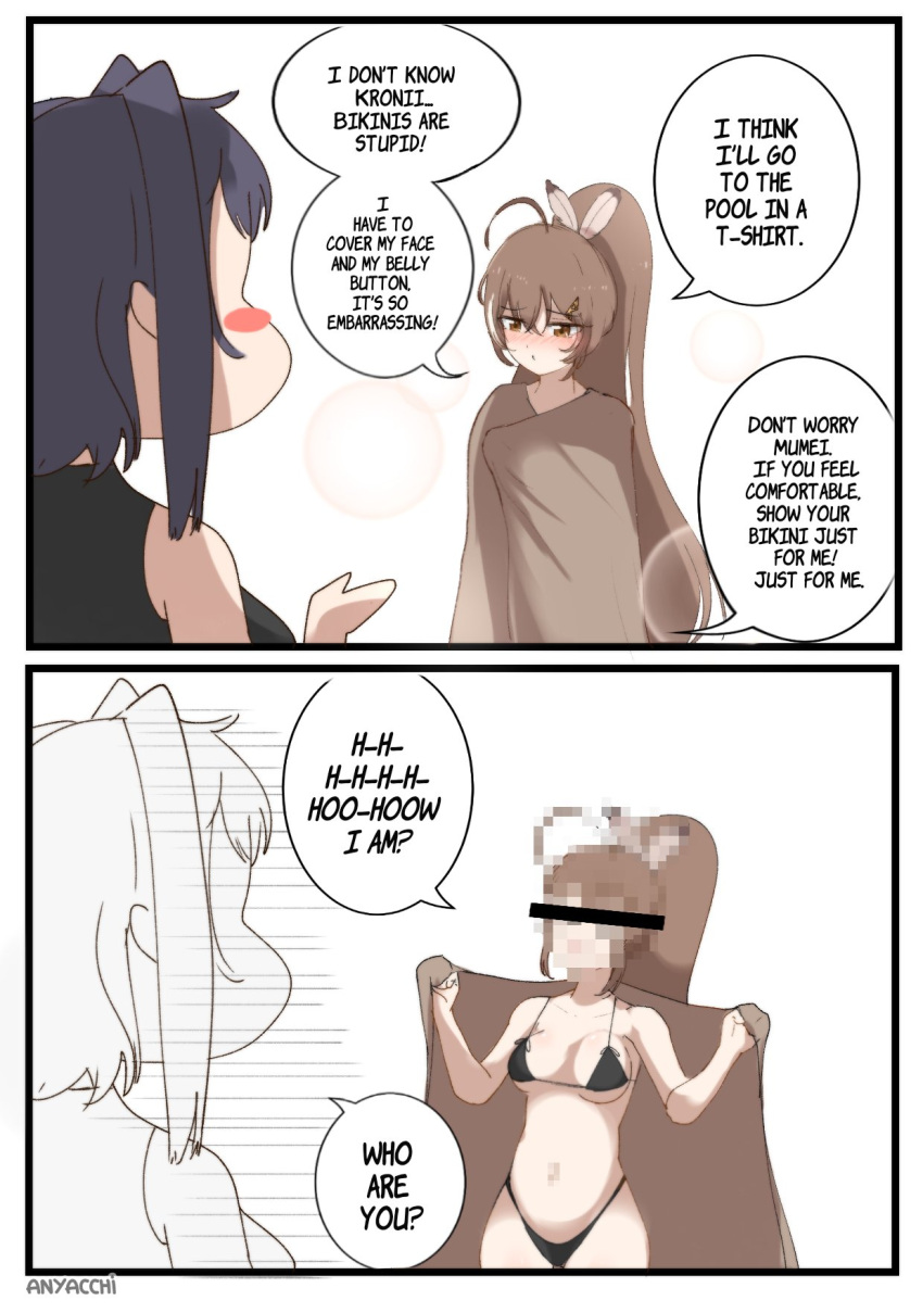 2girls, 2koma, alternate_costume, anyacchi, blue_hair, blush, brown_eyes, brown_hair