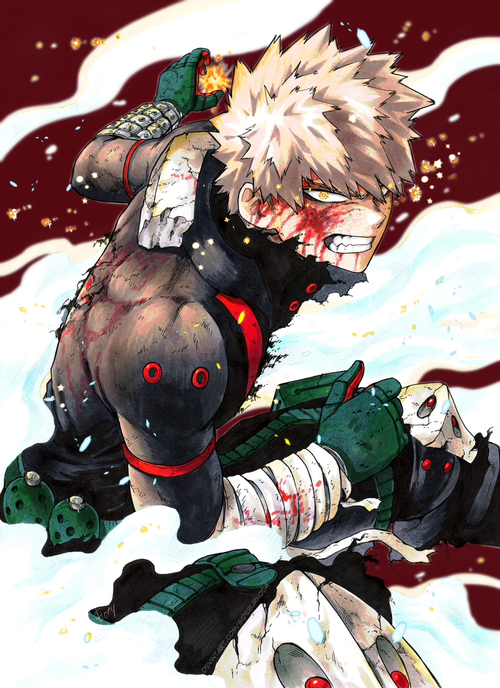 1boy, bakugou_katsuki, bandaged_arm, bandages, battle_damage, blonde_hair, blood, blood_from_mouth