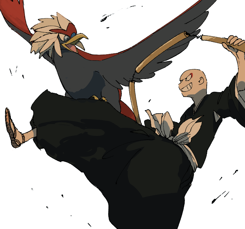 1boy, bald, beak, bird, bird_tail, black_hakama, black_shirt, bleach, braviary, crossover, eagle, feathered_wings, flying, hakama, holding, holding_weapon, houzukimaru_(shikai), japanese_clothes, leg_up, looking_at_another, madarame_ikkaku, mashita._(mentaiko_omoti), obi, open_mouth, pokemon, pokemon_(creature), sash, shihakusho, shinigami, shirt, smile, spread_wings, tail, waraji, weapon, white_background, white_sash, wide_sleeves, wings, zanpakutou