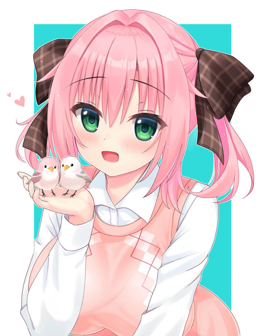 1girl, :d, bird, bird_on_hand, black_bow, blush, border, bow
