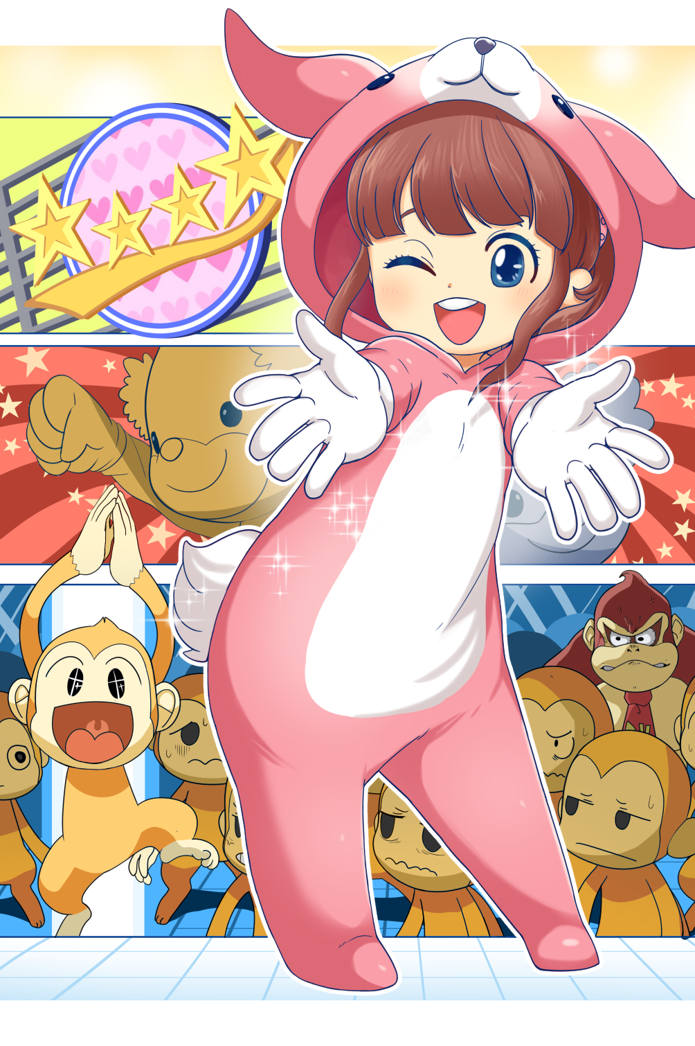 1girl, ;d, animal_costume, animal_ears, animal_hood, audience, blue_eyes, brown_fur, brown_hair, clapping, donkey_kong, donkey_kong_(series), fake_animal_ears, fake_tail, gloves, highres, hood, idol_(rhythm_tengoku), looking_at_another, monkey, monkey_(rhythm_tengoku), one_eye_closed, open_mouth, reaching, rhythm_tengoku, smile, sparkle, sparkling_eyes, star_(symbol), tail, tory