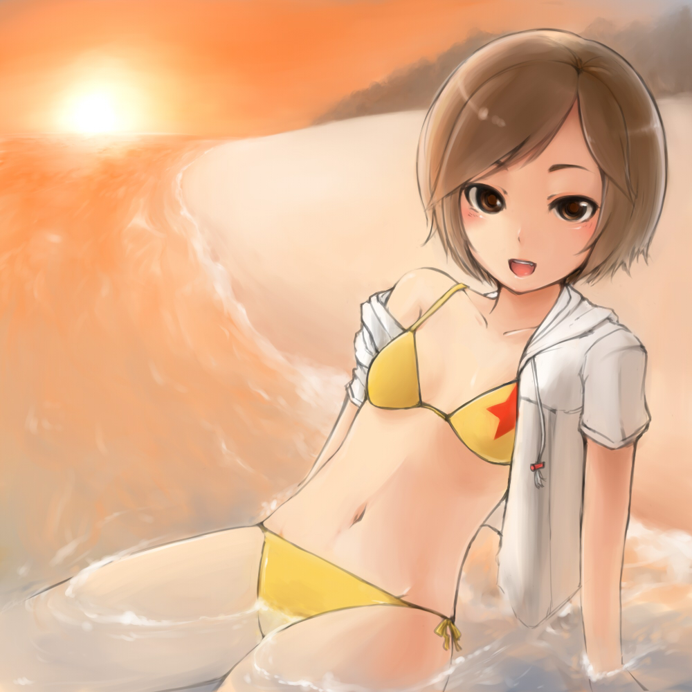 brown_eyes, brown_hair, hoodie, original, sakine_meiko, sakushin, short_hair, submerged, sunset, swimsuit