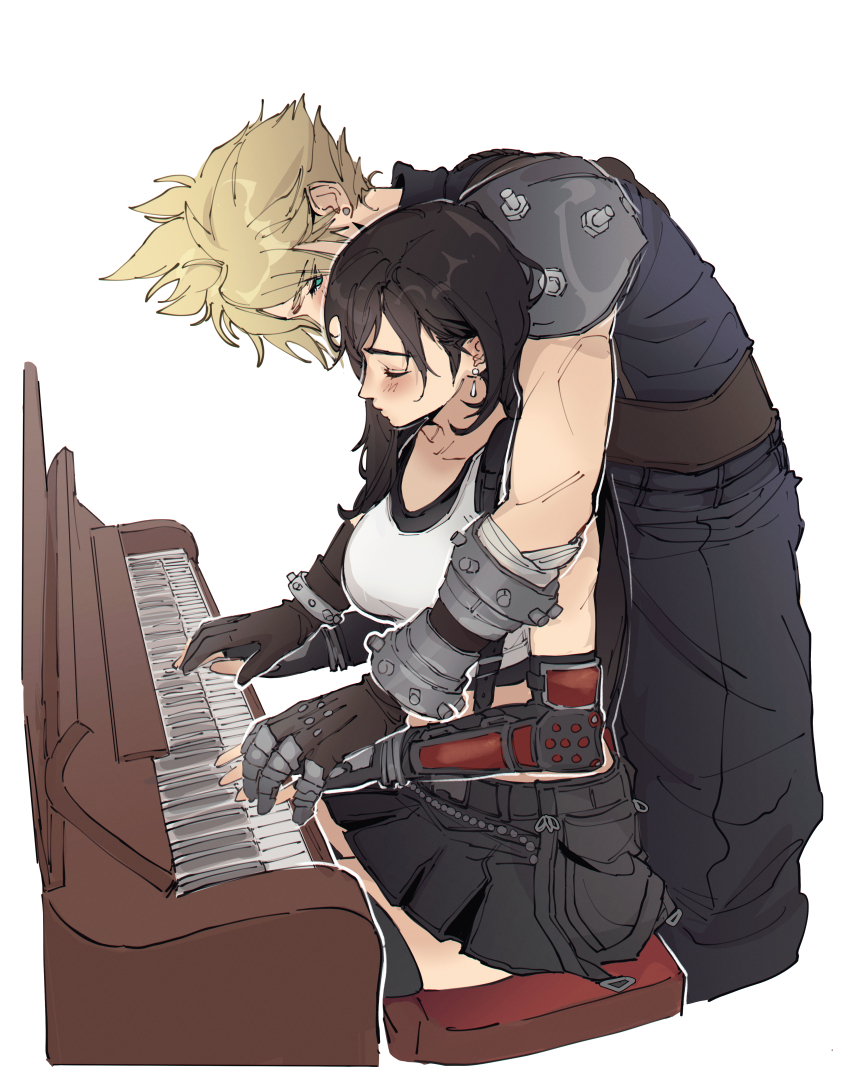 1boy, 1girl, armor, baggy_pants, black_gloves, black_hair, black_skirt, black_sports_bra, black_thighhighs, blonde_hair, blue_eyes, blush, breasts, cloud_strife, collarbone, commentary, couple, crop_top, cropped_legs, earrings, elbow_gloves, english_commentary, final_fantasy, final_fantasy_vii, final_fantasy_vii_rebirth, final_fantasy_vii_remake, fingerless_gloves, from_side, gloves, hands_on_another's_hands, instrument, jewelry, large_breasts, long_hair, looking_down, midriff, music, pants, piano, piano_bench, playing_instrument, playing_piano, pudelmudel, short_hair, shoulder_armor, single_arm_guard, single_earring, sitting, skirt, sleeveless, sleeveless_turtleneck, spiky_hair, sports_bra, standing, stud_earrings, suspender_skirt, suspenders, sweater, tank_top, teardrop_earrings, thigh-highs, tifa_lockhart, turtleneck, turtleneck_sweater, white_background, white_tank_top, zettai_ryouiki