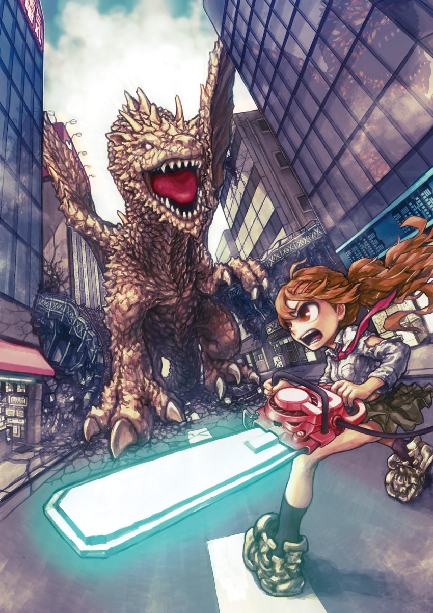brown_eyes, brown_hair, building, chainsaw, city, destruction, dragon, highres