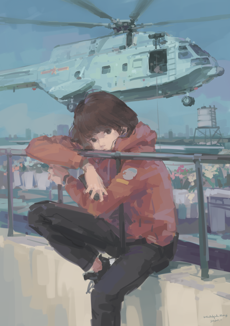 1girl, against_railing, aircraft, black_footwear, black_pants, brown_eyes, brown_hair, changhe_z-8