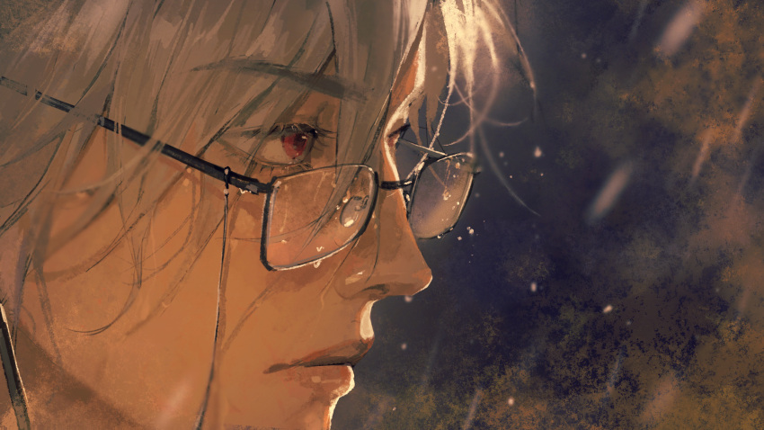 1boy, absurdres, black-framed_eyewear, ccccl., close-up, eyewear_strap, from_side, glasses, head_only, highres, lips, looking_ahead, male_focus, mr._fox_(path_to_nowhere), path_to_nowhere, rain, red_eyes, semi-rimless_eyewear, solo, water_drop, wet, white_hair
