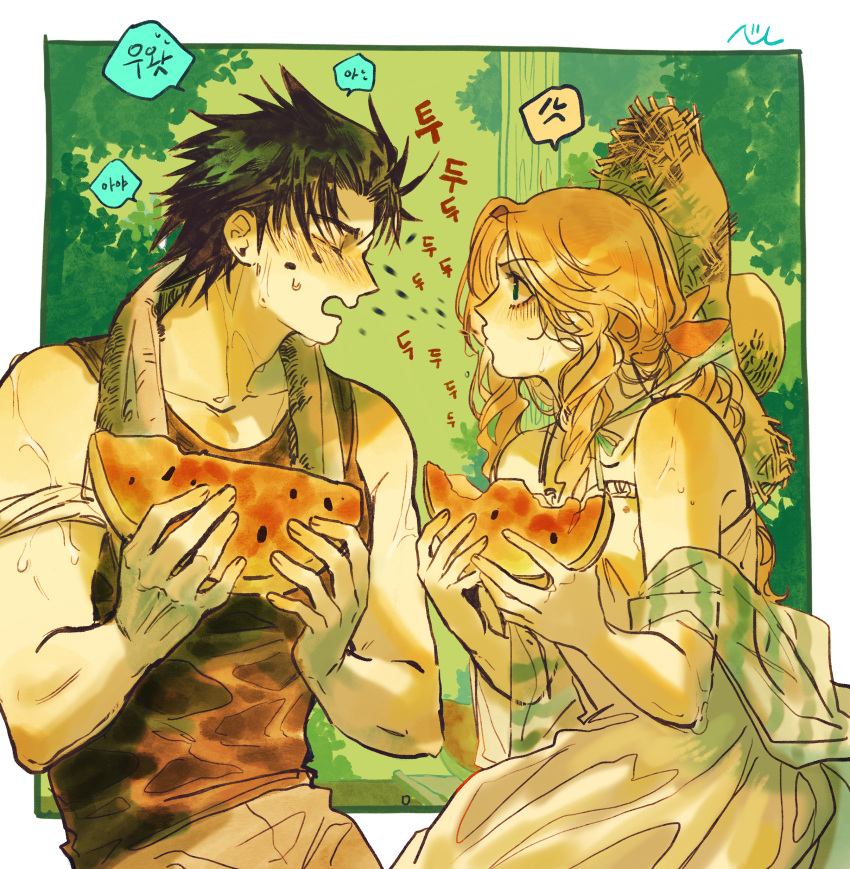 1boy, 1girl, absurdres, aerith_gainsborough, alternate_costume, anger_vein, angry, black_hair, black_tank_top, blush, brown_hair, closed_eyes, commentary_request, crisis_core_final_fantasy_vii, dress, final_fantasy, final_fantasy_vii, foliage, food, fruit, green_background, grey_pants, hair_ribbon, hands_up, hat, highres, holding, holding_food, holding_watermelon, korean_commentary, korean_text, long_hair, looking_at_another, nul, open_mouth, outdoors, pants, parted_bangs, pole, ponytail, red_ribbon, ribbon, shawl, shirt, short_hair, sidelocks, signature, sleeveless, spiky_hair, spitting, spoken_anger_vein, summer, sun_hat, sweatdrop, tank_top, towel, towel_around_neck, translation_request, upper_body, watermelon, watermelon_seeds, watermelon_slice, wavy_hair, wet, wet_clothes, wet_dress, wet_shirt, white_dress, zack_fair