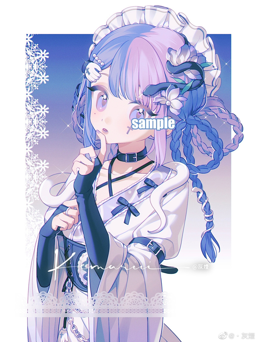 1girl, arm_belt, belt, belt_buckle, belt_collar, black_belt, black_collar, black_sleeves, blue_background, blue_belt, blue_bow, blue_corset, blue_hair, blunt_bangs, border, bow, braid, braided_hair_rings, buckle, chain, chinese_commentary, clenched_hand, collar, collarbone, commentary_request, commission, corset, cowboy_shot, criss-cross_straps, cross_tattoo, facial_tattoo, finger_to_mouth, flower, frilled_kimono, frills, gradient_background, hair_flower, hair_ornament, hairclip, hand_hair_ornament, highres, hui_yan, japanese_clothes, jewelry, kimono, layered_sleeves, looking_at_viewer, marking_on_cheek, mole, mole_under_eye, multicolored_hair, multiple_braids, nail_polish, original, outside_border, parted_lips, purple_background, purple_hair, purple_kimono, purple_lips, purple_nails, purple_theme, ring, sample_watermark, sleeves_past_wrists, snake, snake_hair_ornament, snake_on_shoulder, solo, sparkle, tattoo, two-tone_hair, violet_eyes, watermark, weibo_logo, weibo_username, white_border, white_headdress, white_sleeves, wide_sleeves